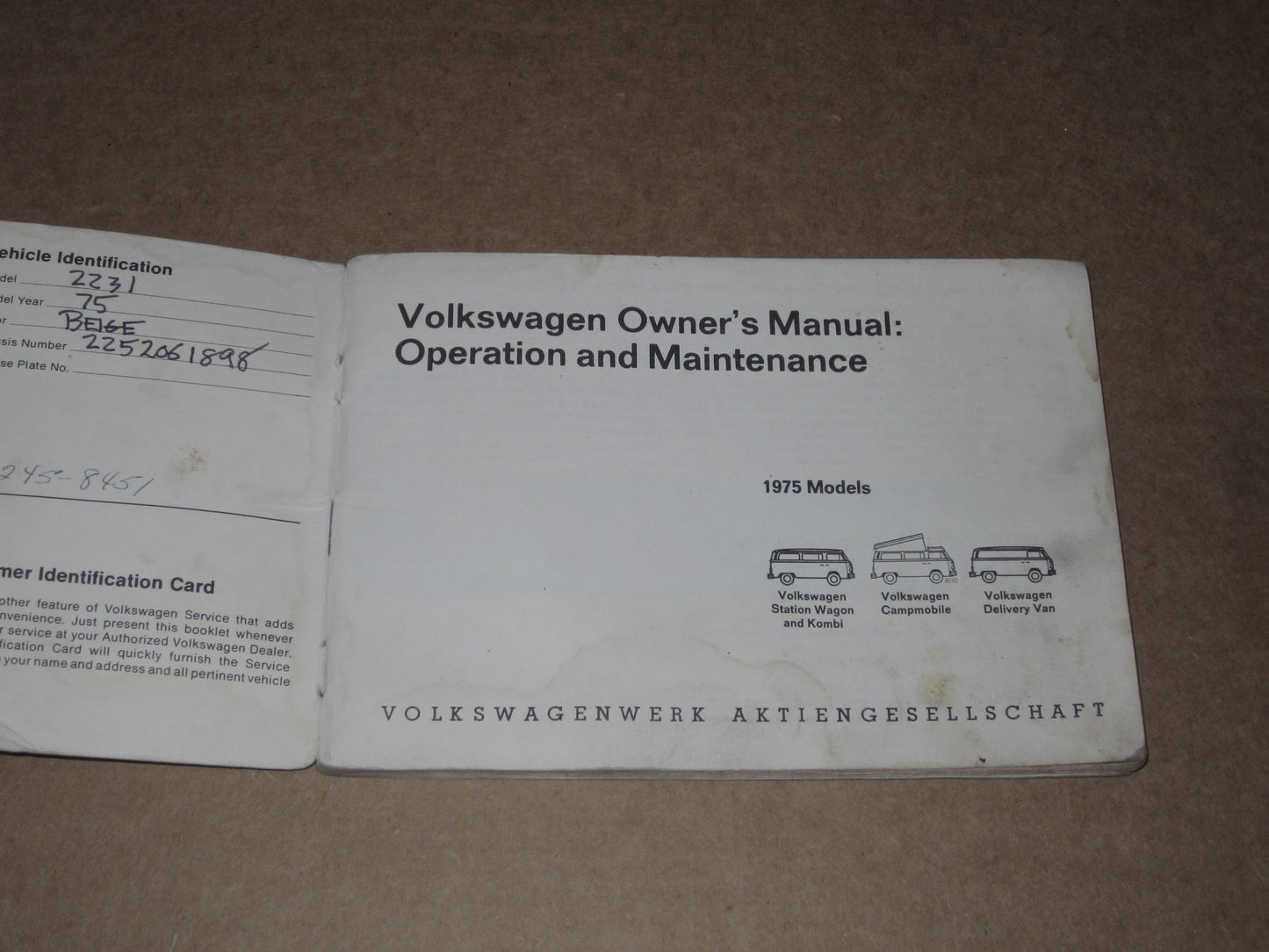 1975 Type2 Volkswagen Owners Manual Operation & Maintenance
